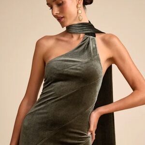 Lulus Eleni Dusty Olive Velvet One-Shoulder Sash Maxi Dress